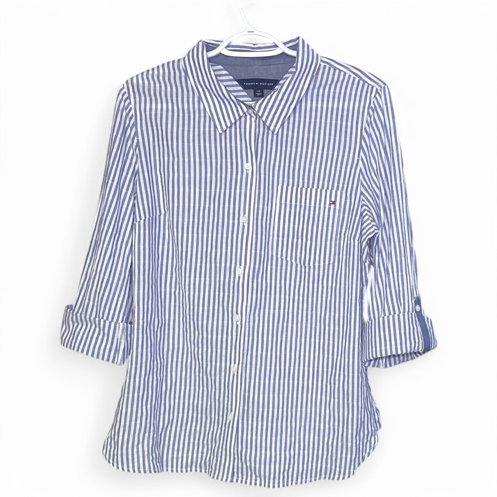 Tommy Hilfiger Blue and White Casual Button Down Shirt
